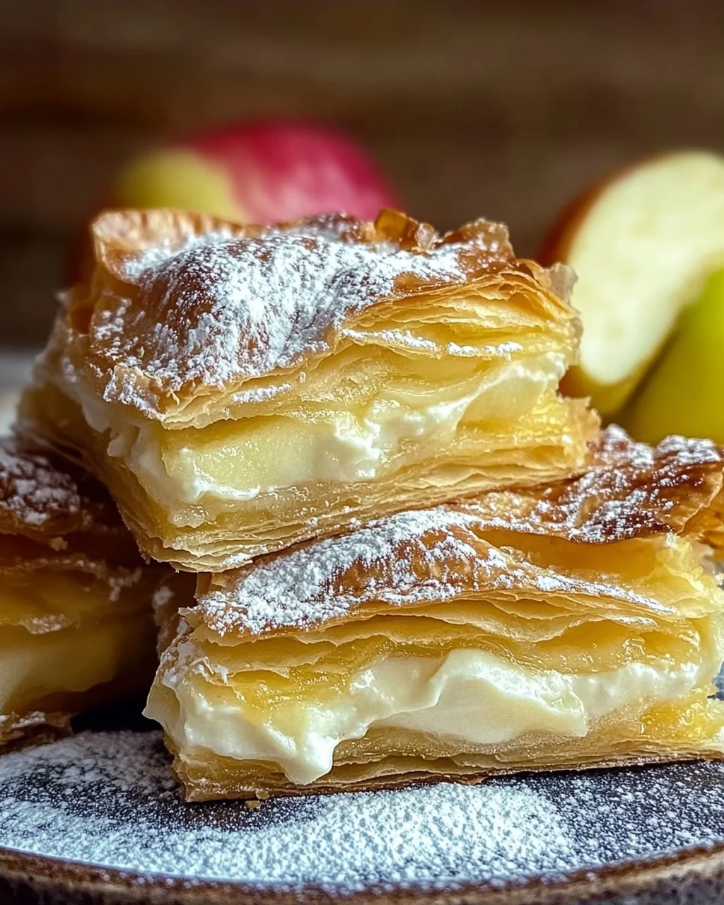 Blätterteigkuchen mit Puddingcreme und Apfel