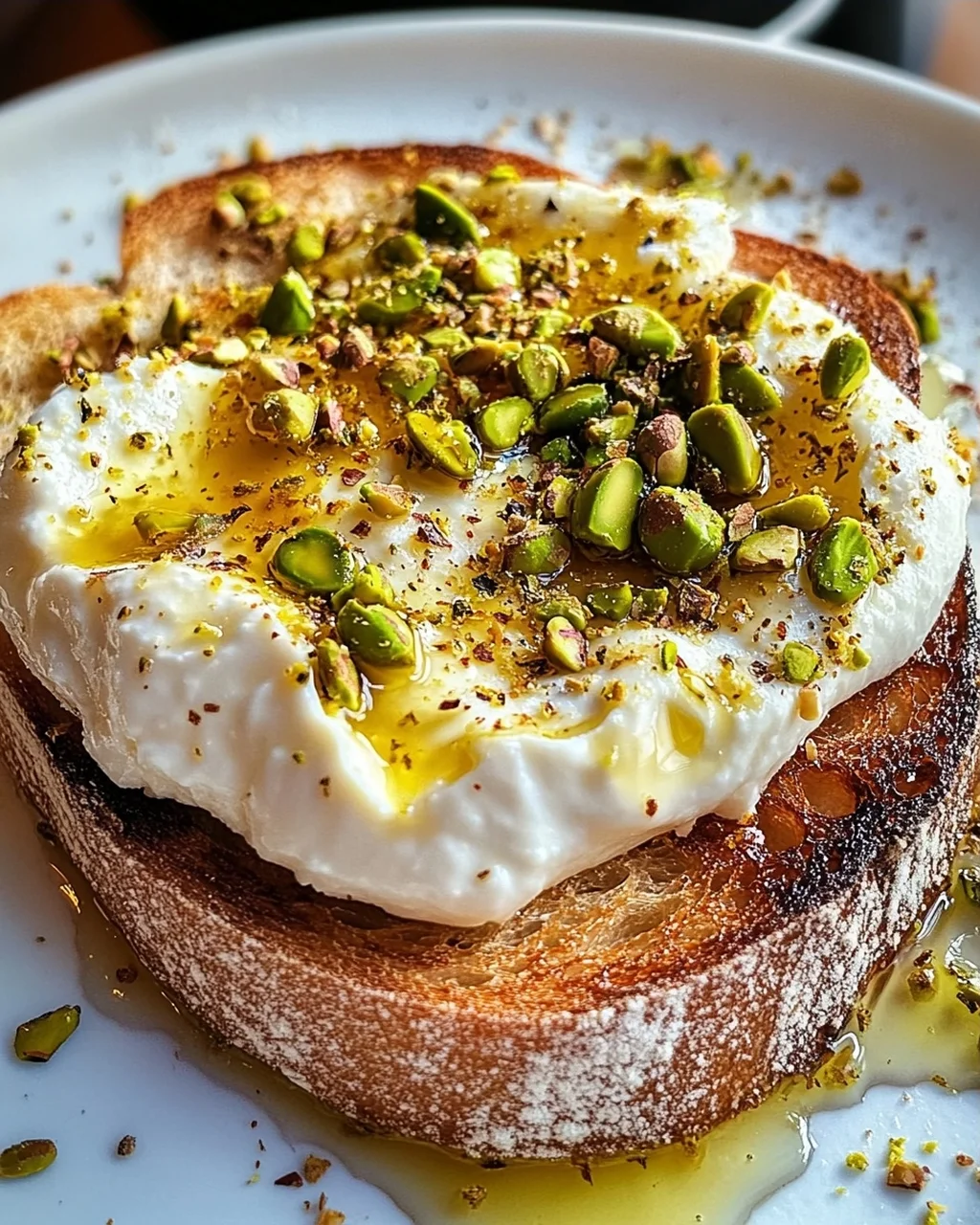 Burrata-Toast mit Pistazien und heißem Honig