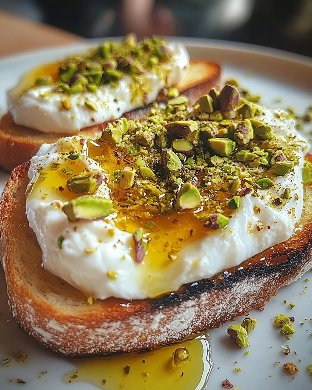 Burrata-Toast mit Pistazien und heißem Honig