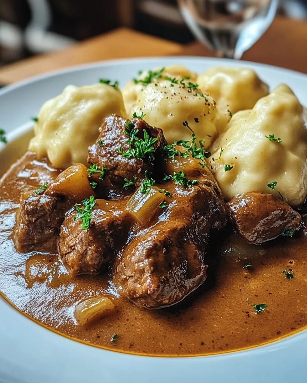 Butterzartes Rahmgulasch mit Serviettenknödel