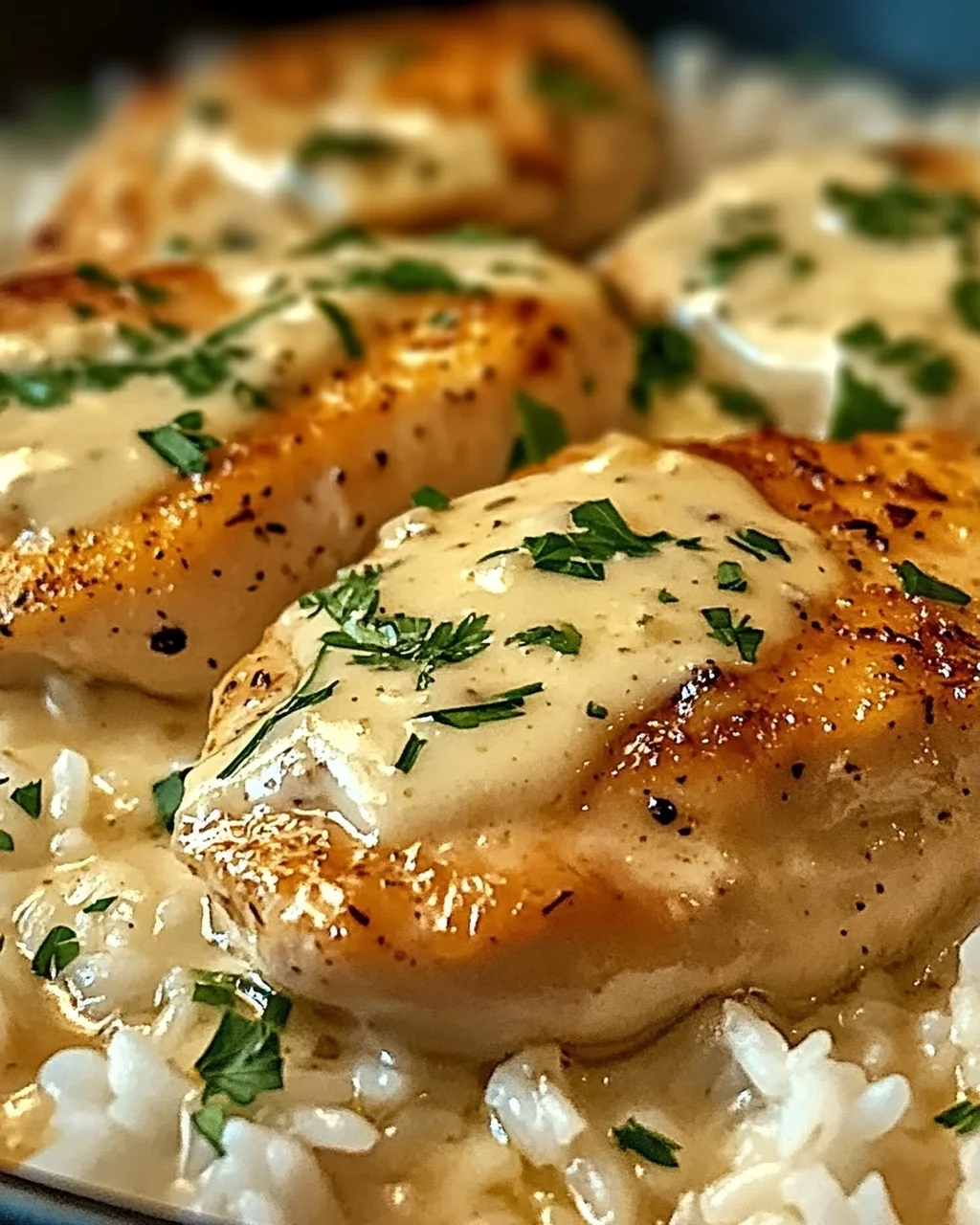 Cremiges Überbackenes Hühnchen und Reis zum Verlieben