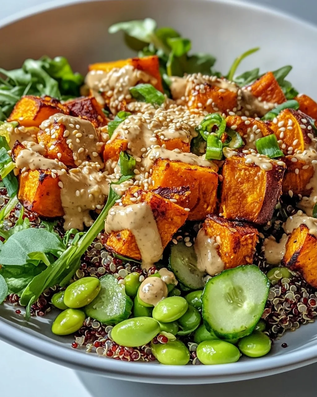 Gerösteter Süßkartoffel Quinoa Salat mit Sesam-Miso Sauce