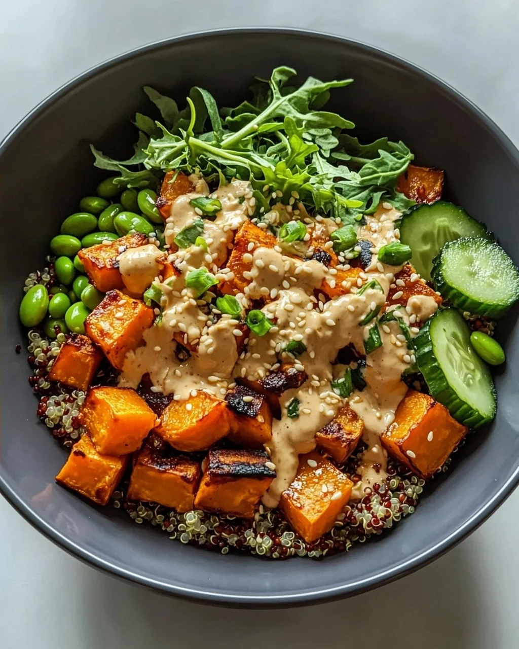 Gerösteter Süßkartoffel Quinoa Salat mit Sesam-Miso Sauce