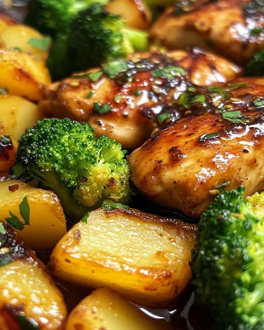 Honig-Knoblauch-Hähnchen mit Brokkoli und Kartoffeln aus dem Ofen