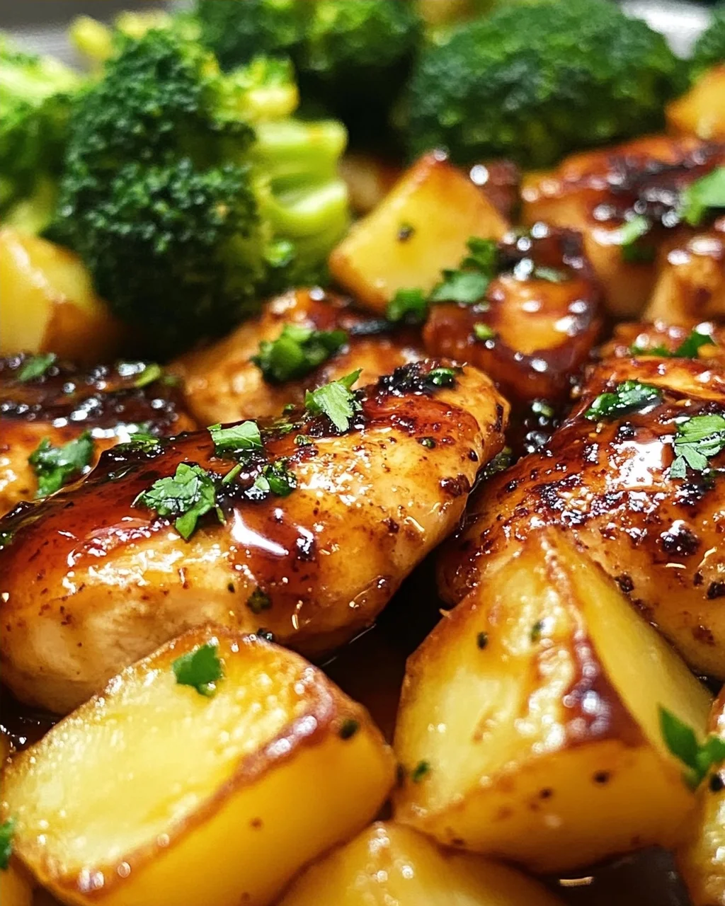 Honig-Knoblauch-Hähnchen mit Brokkoli und Kartoffeln aus dem Ofen