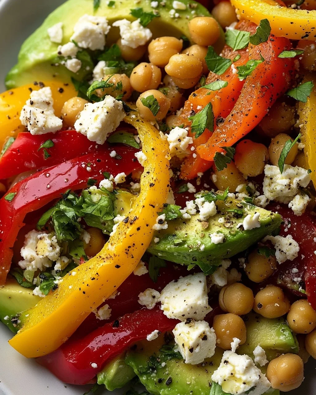 Kichererbsen-Feta-Avocado-Salat mit gerösteten Paprika