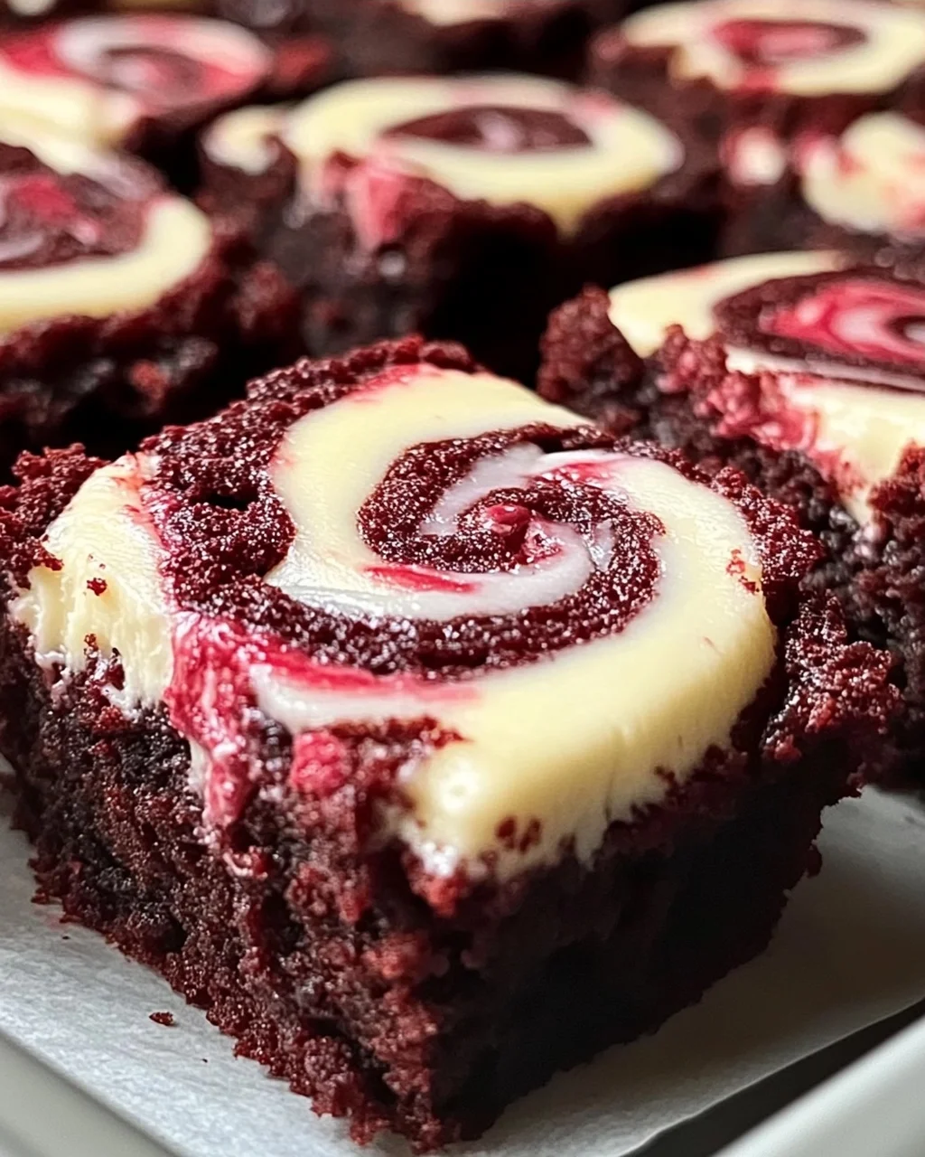 Rote Samt Brownie Bissen mit Frischkäse-Wirbel