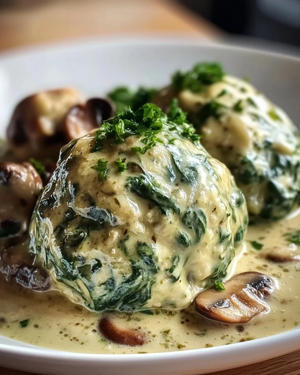 Südtiroler Spinatknödel mit Pilzrahm