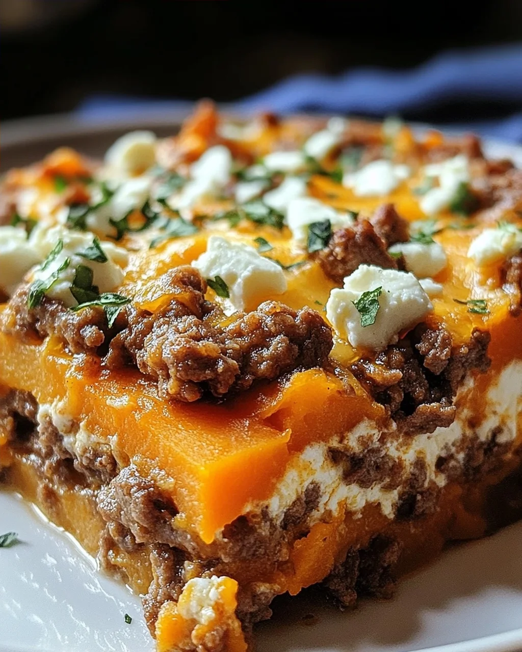 Süßkartoffel-Hackfleisch-Auflauf mit Feta