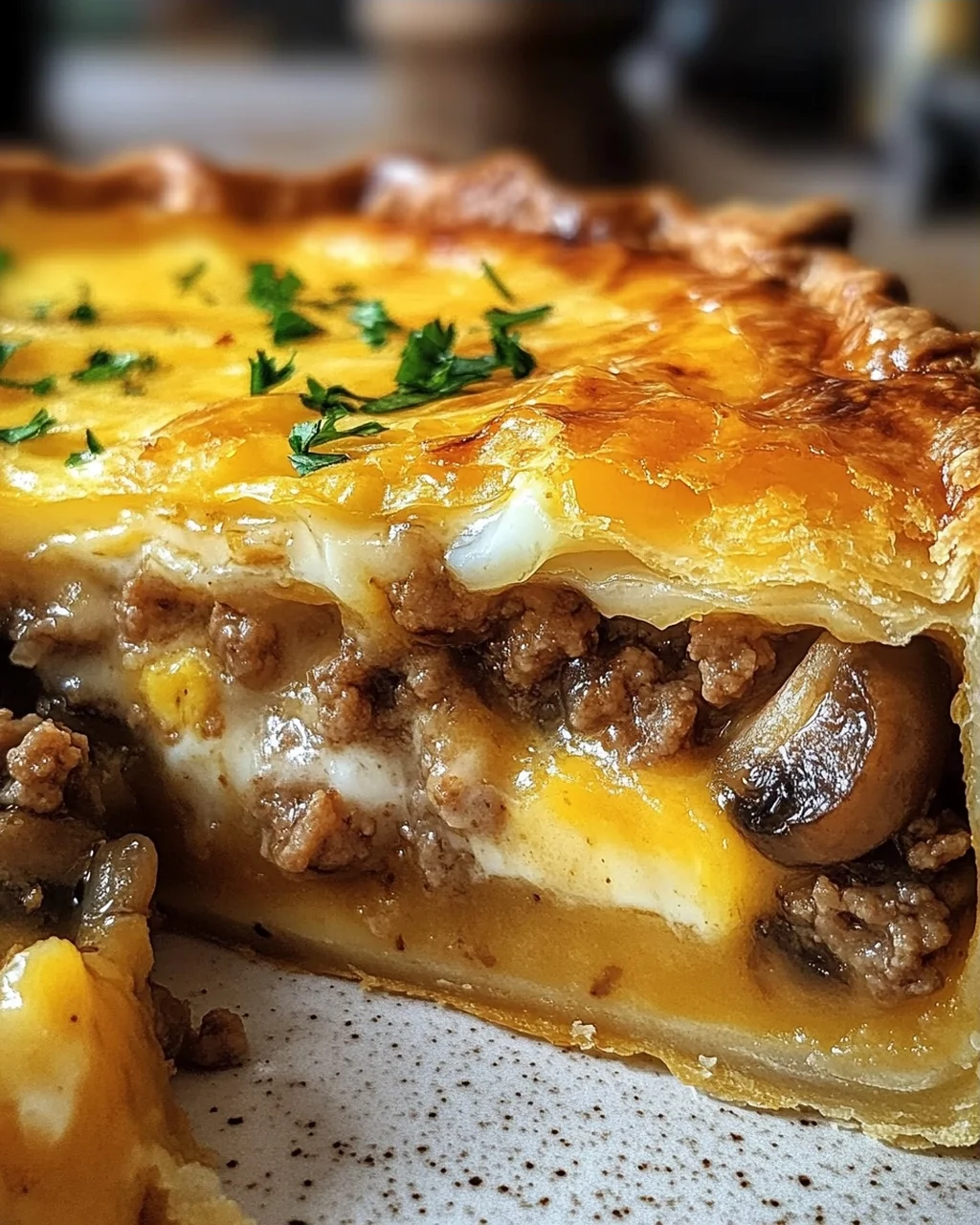 Torte mit Pilzen, Hackfleisch und Käse
