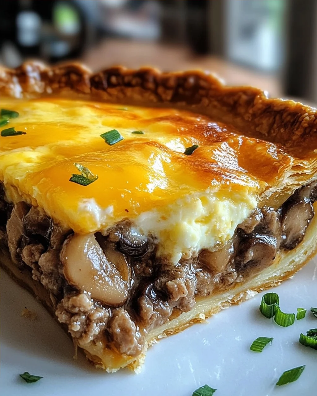 Torte mit Pilzen, Hackfleisch und Käse