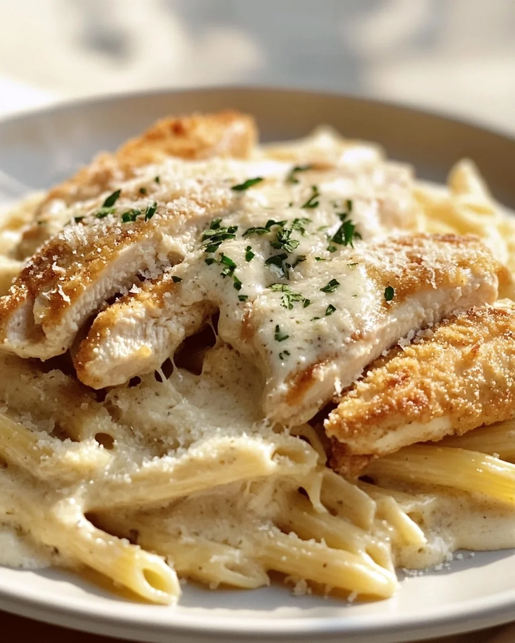 Zarte Hähnchenstreifen mit cremigen Nudeln in Sahnesauce